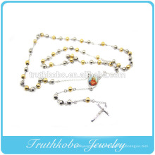 Zwei-Ton-Mode Edelstahl Bead betende Mutter Mary Religiöse Jesus Kreuz Charm Halskette mit Vakuum Beschichtung Gold Schmuck
